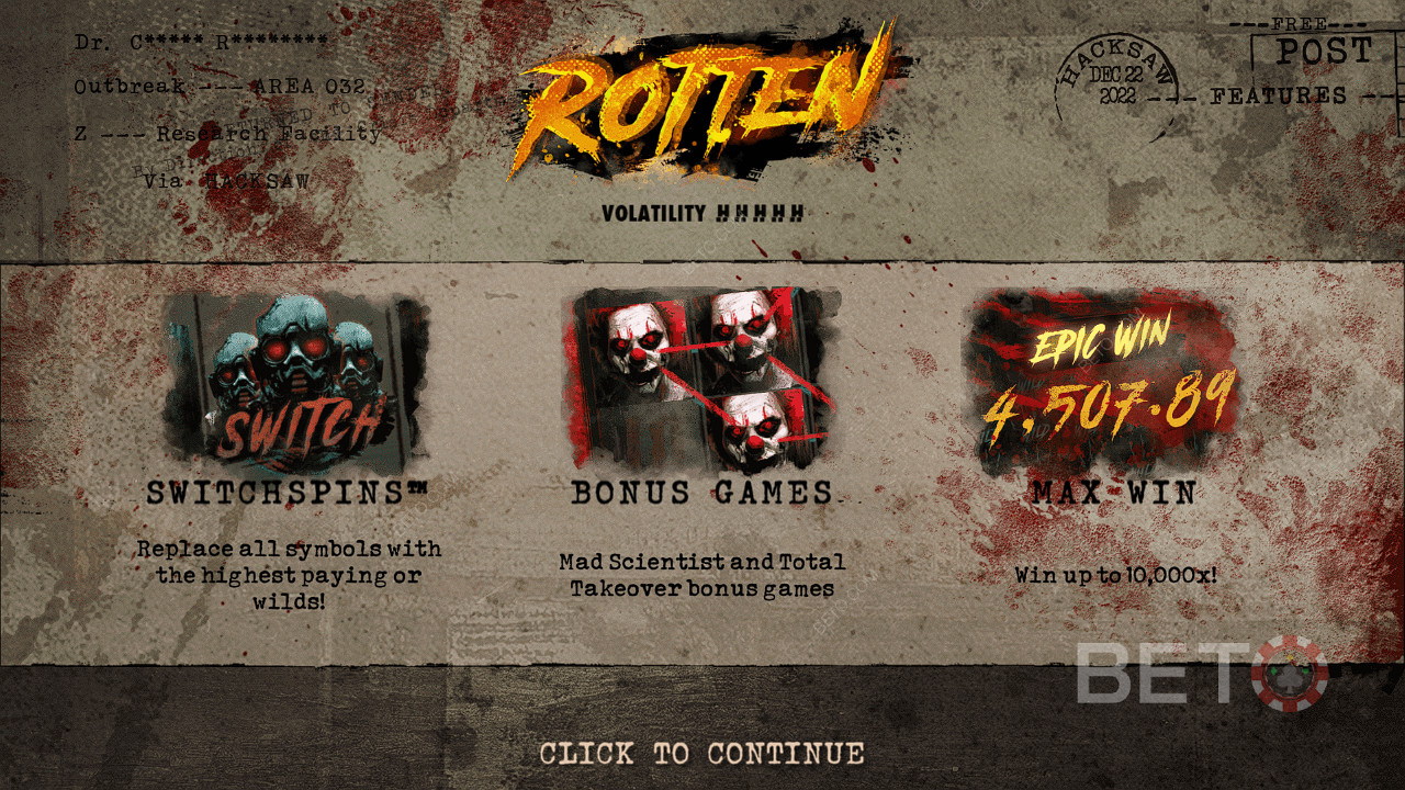 استمتع بـ SwitchSpins واللفات المجانية والمزيد في لعبة Rotten التي تقدمها Hacksaw Gaming