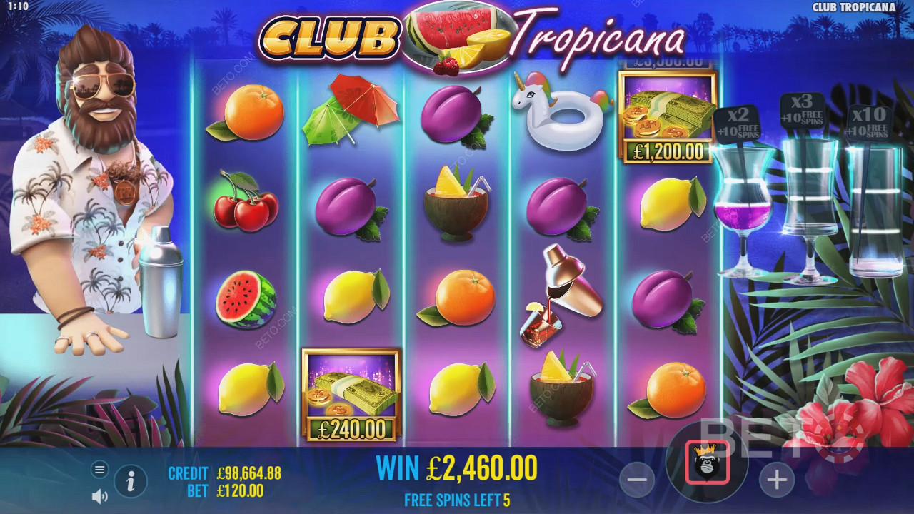 احصل على الفرصة لجمع رموز المال في لعبة اللفات المجانية في فتحة Club Tropicana