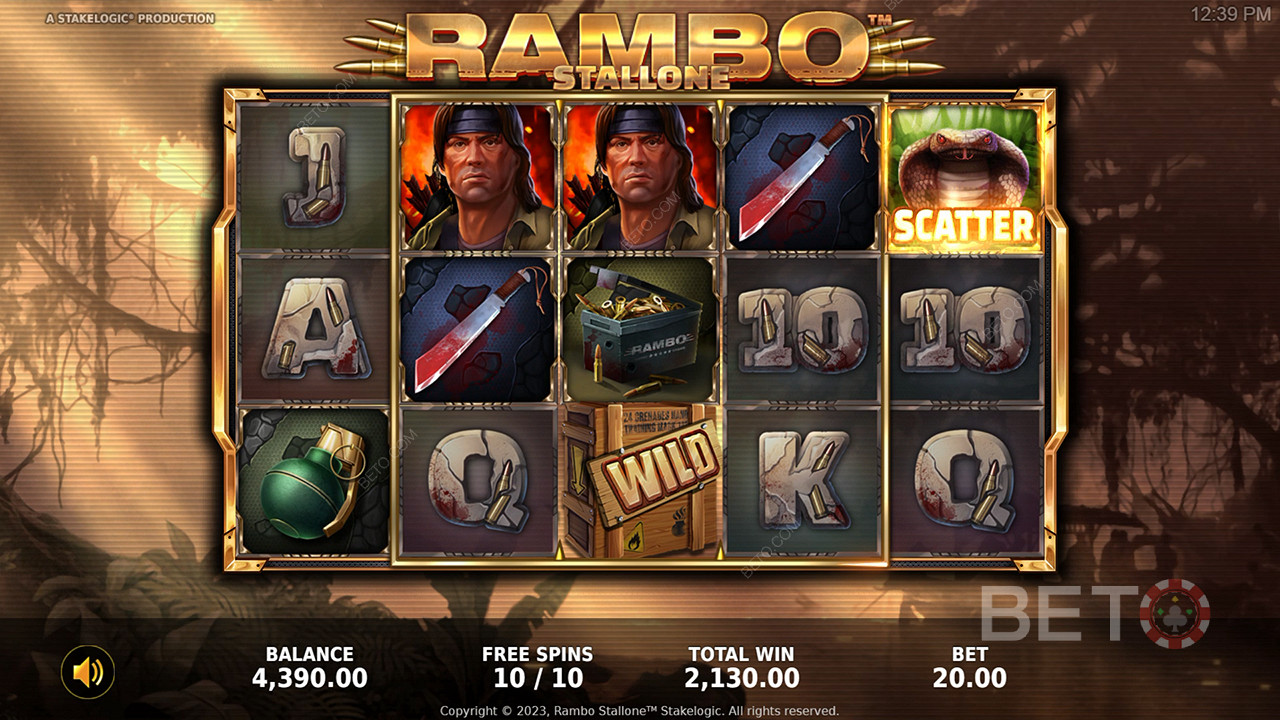 استمتع بميزات المكافآت المذهلة والموضوع الاستثنائي في لعبة سلوت Rambo عبر الإنترنت