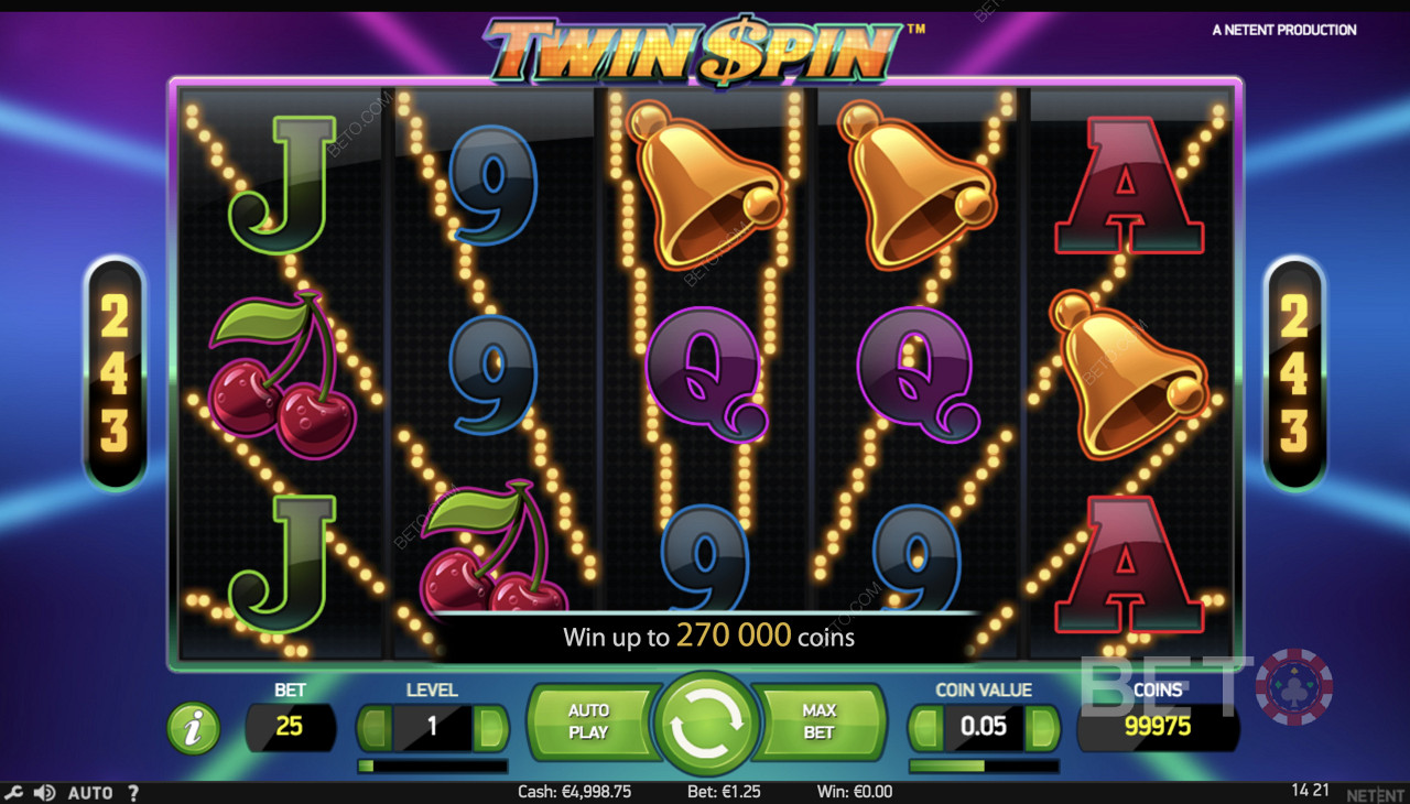 Twin Spin - طريقة لعب بسيطة مع رموز مثل الأجراس والكرز والرموز الأخرى