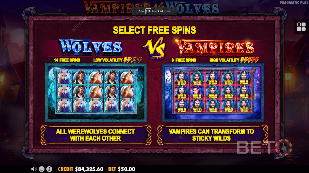 جولات مزدوجة مجانية تدور في Vampires vs Wolves