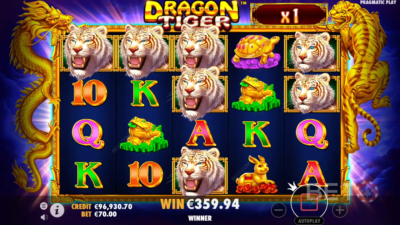 يتم تشغيل المضاعفين أثناء مكافأة اللفات المجانية في لعبة سلوت Dragon Tiger عبر الإنترنت