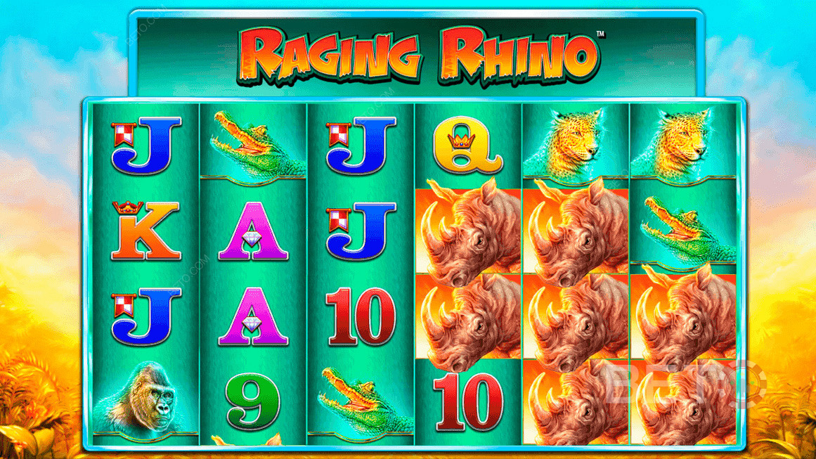 Raging Rhino من Williams Interac tive ( WMS ) - يمنحك ما يصل إلى 46656 طريقة للفوز!