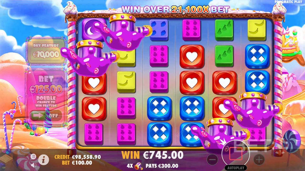 اربح 21,100 ضعف رهانك في ماكينة القمار Sweet Bonanza النرد!