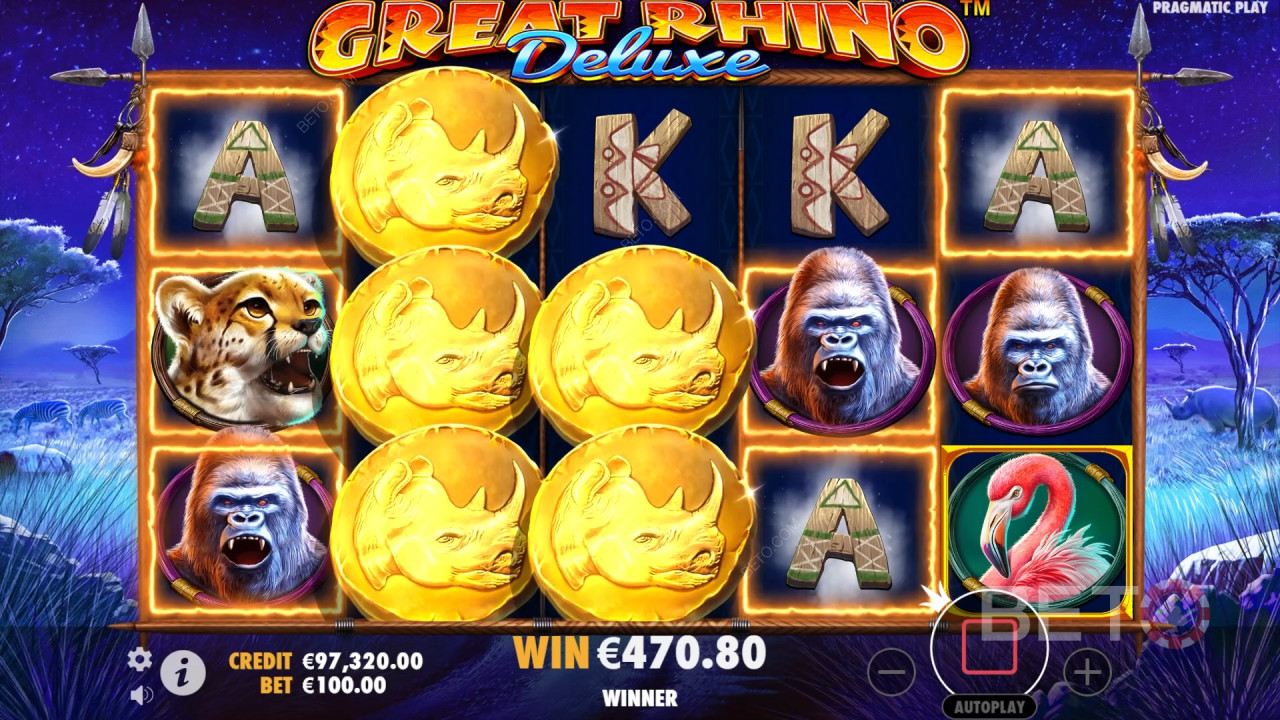 الميزات الإضافية الموضحة في Great Rhino Deluxe بواسطة Pragmatic Play