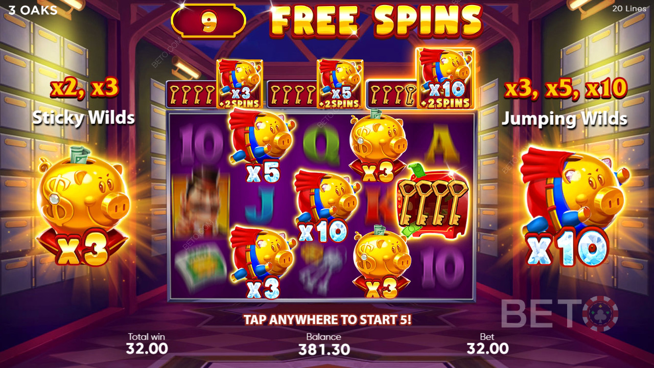 شرح ميزات المكافآت في لعبة Super Sticky Piggy من 3 Oaks Gaming