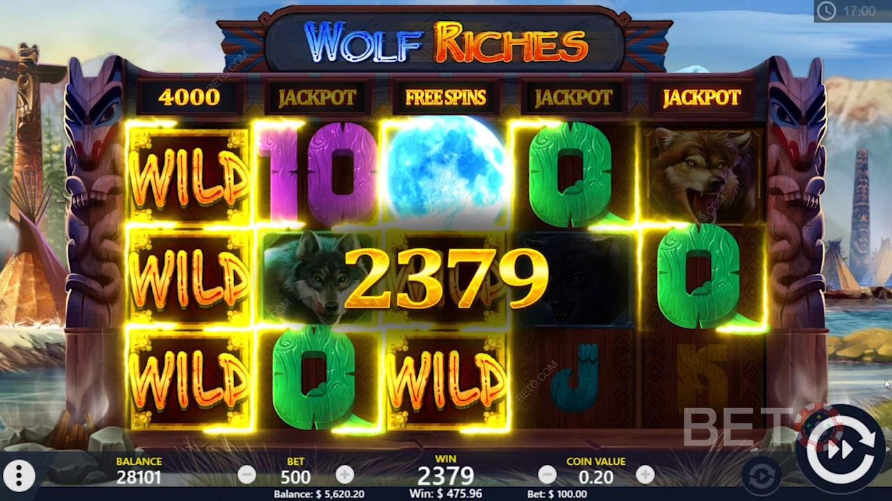 فوز Free Spins and Wild في لعبة Wolf Riches عبر الإنترنت