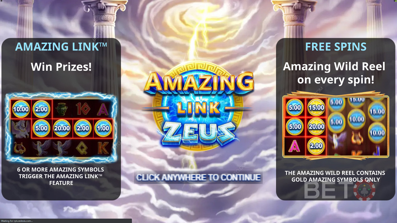 شاشة مقدمة Amazing Link Zeus تعرض مكافأة Free Spins