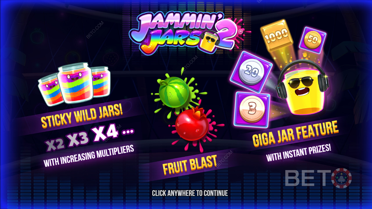 استمتع بميزة Sticky Wilds و Fruit Blast و Giga Jar Spins في فتحة Jammin Jars 2