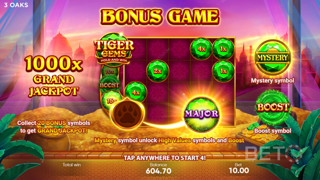 شرح ميزات المكافأة في Tiger Gems من 3 Oaks Gaming