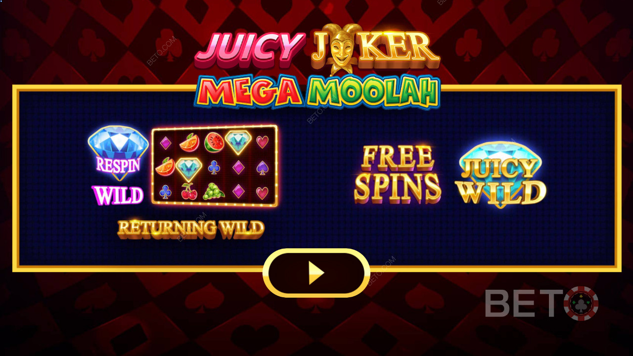 شاشة مقدمة Juicy Joker Mega Moolah تشرح المعززات المختلفة