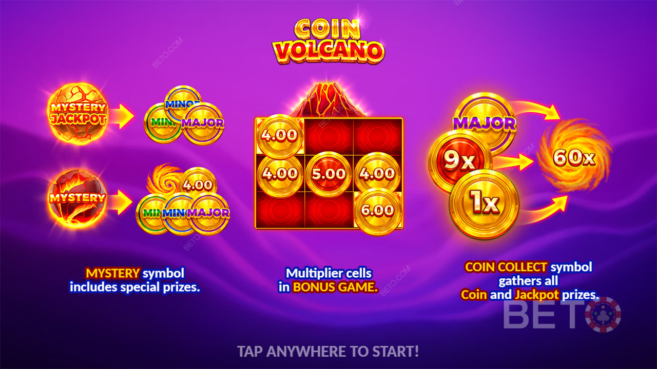 شرح ميزات المكافآت في لعبة Coin Volcano من 3 Oaks Gaming