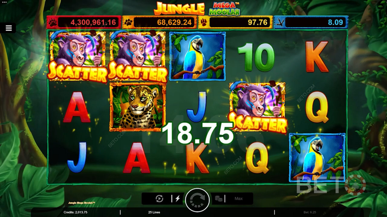 Land 3 Monkey Scatter لتشغيل الدورات المجانية في لعبة القمار على الإنترنت Jungle Mega Moolah