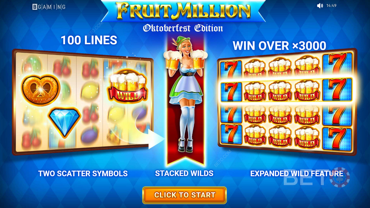 العب أكثر من 100 سطر واربح ما يصل إلى 3000 ضعف حصتك في Fruit Million