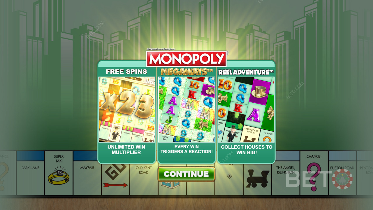 شاشة بدء لعبة Monopoly Megaways