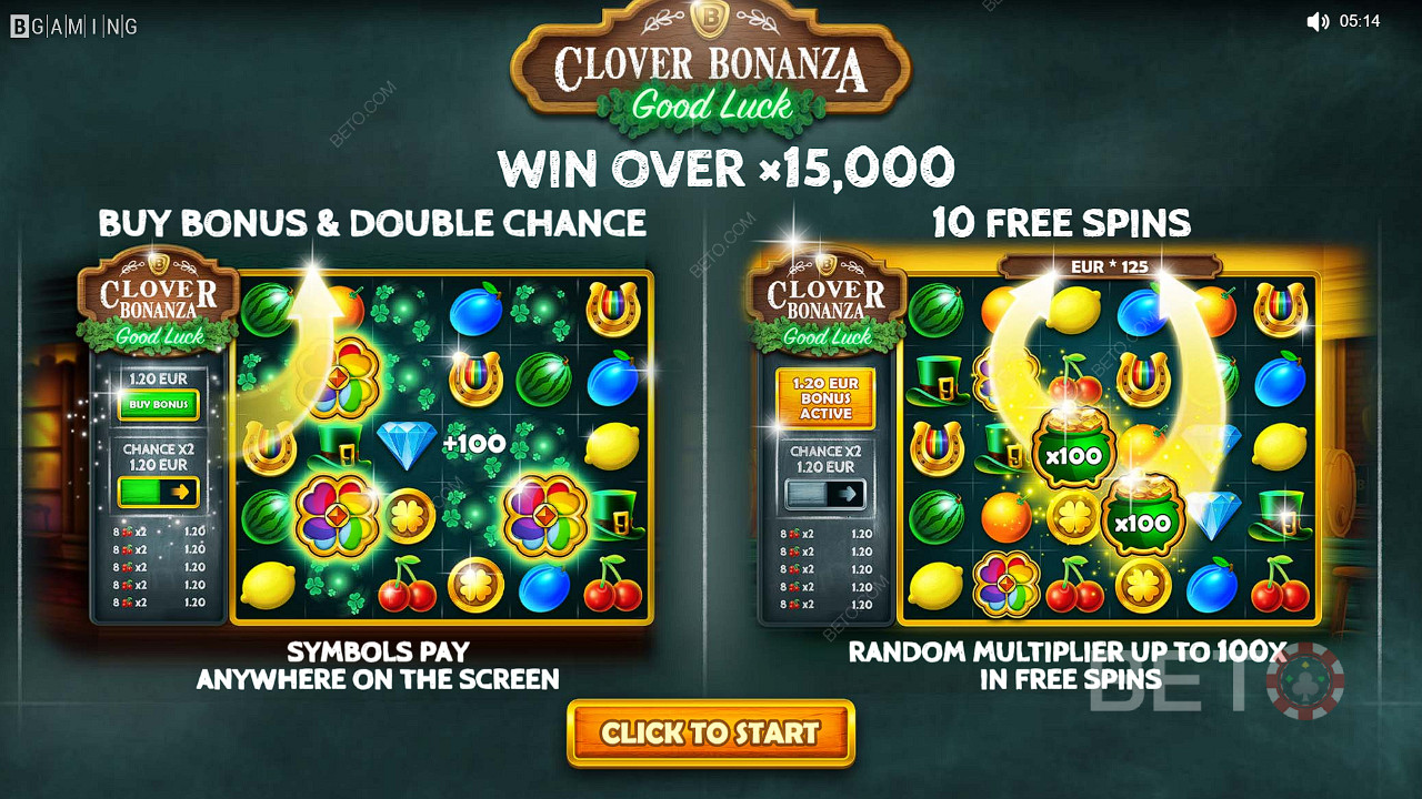 استمتع بميزات Buy Bonus و Double Chance و Free Spins في فتحة Clover Bonanza