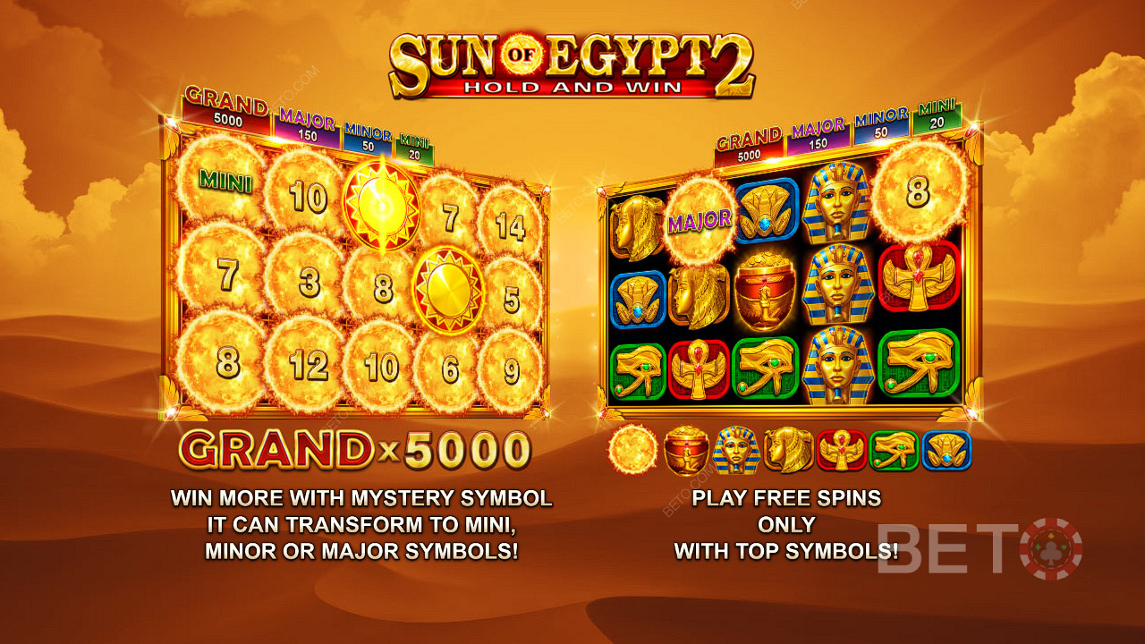 استمتع بالجوائز الكبرى التي تصل قيمتها إلى 5000 ضعف من رهانك وفتحات Free Spins in the Sun of Egypt 2