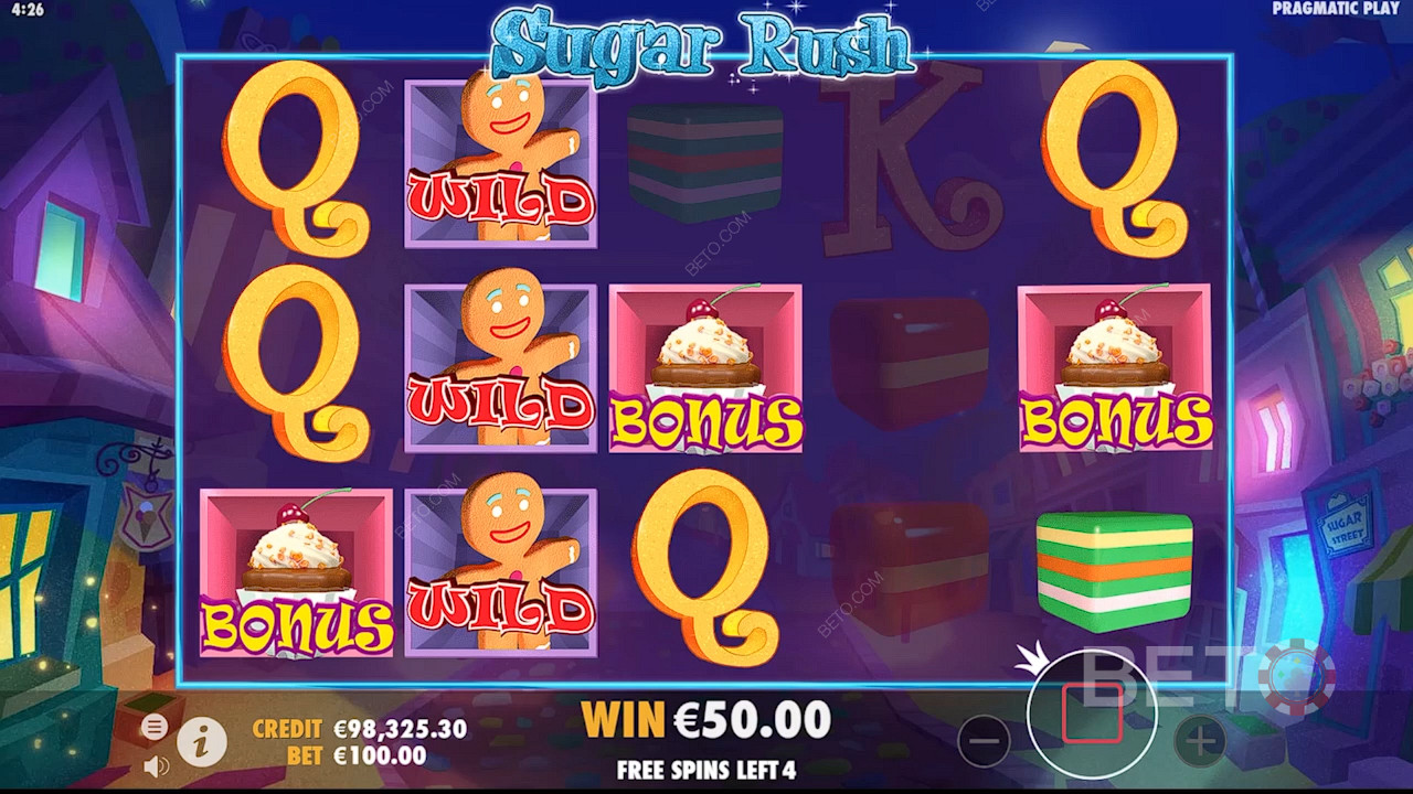 العب Sugar Rush واحصل على 3 رموز كب كيك أو أكثر سيؤدي إلى تشغيل لعبة المكافأة