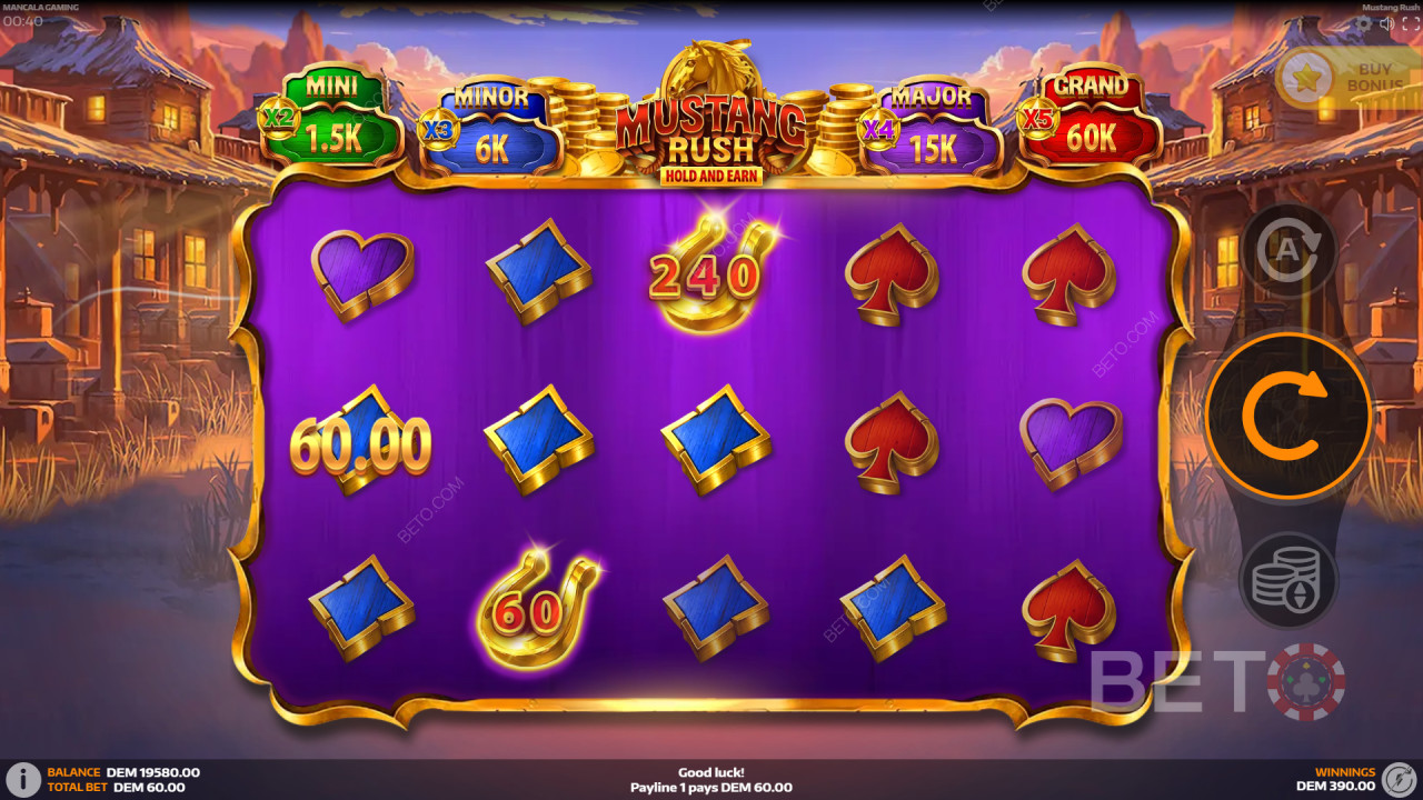 شرح ميزات المكافآت في لعبة Mustang Rush من Mancala Gaming