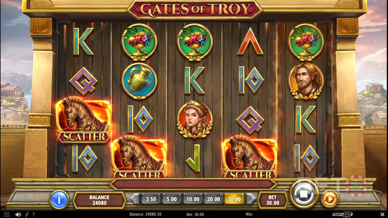 3 أو أكثر من Scatters ستمنح لعبة Spins المجانية في لعبة Gates of Troy للكازينو