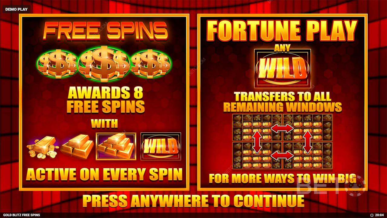 شرح ميزات المكافأة في لعبة Gold Blitz Free Spins بواسطة Blueprint