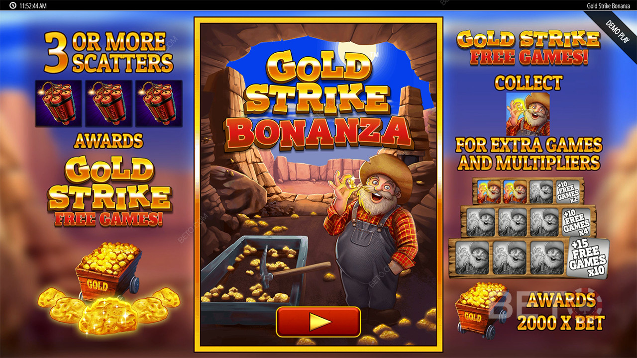 شرح ميزات المكافآت في لعبة Gold Strike Bonanza Fortune Play بواسطة Blueprint